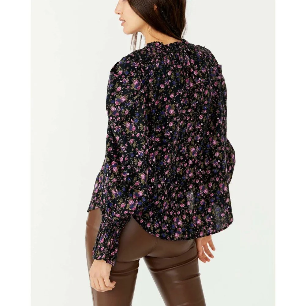 NWT Free People "Meant To Be" Blouse /Black Floral long sleeve shirt Size Medium - Picture 5 of 11